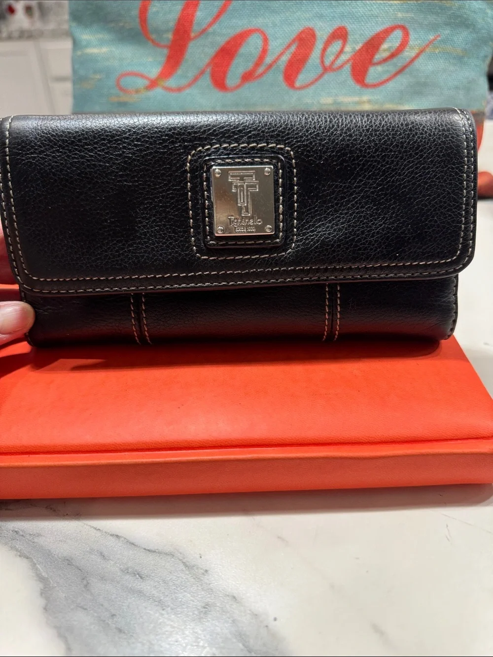 Tignanello Black Leather Trifold Wallet with White Stitching Genuine Leather